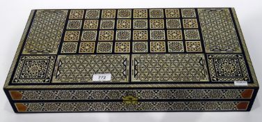 Middle Eastern inlaid backgammon and chess box with markers,