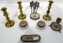 Quantity of brass candlesticks, bellows, a dressing table set,