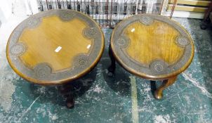 Two circular hardwood tables having carved border and on cabriole-shaped tripod supports