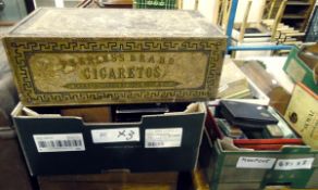 Various vintage tins and boxes including a large 'Peerless' brand Cigaretos manufactured by Cope