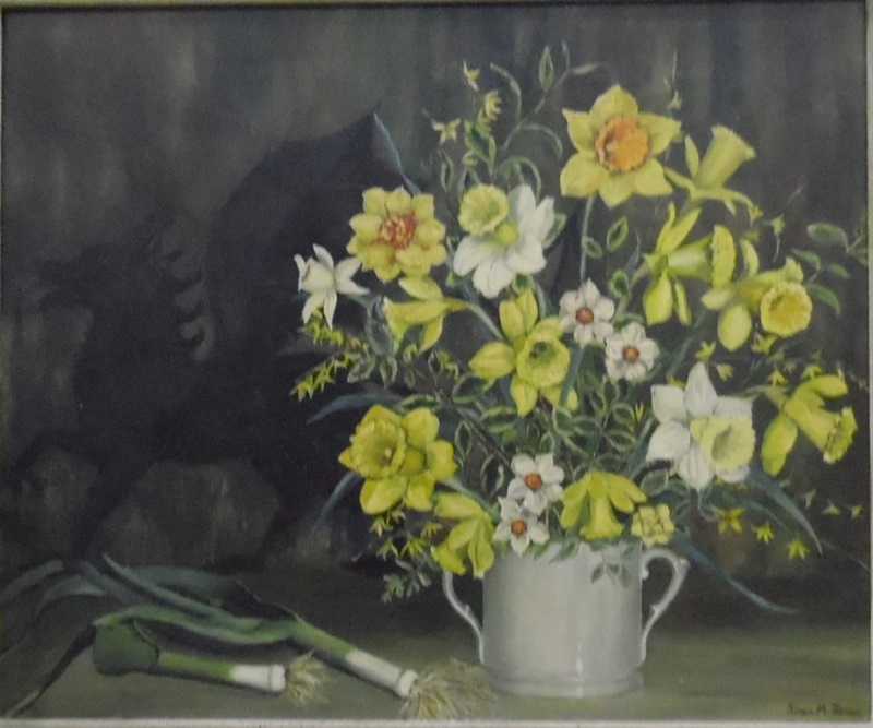 Joan M Jones Oil on canvas Still life study of daffodils and leeks,