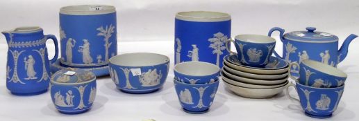 Quantity of 19th century Wedgwood pale blue jasperware to include teapot, teacups and saucers, jugs,