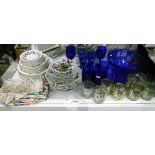 Large blue pressed glass bowl with three matching goblets, four dark blue glass tumblers,