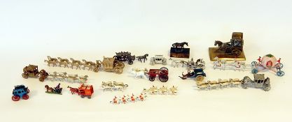 Quantity of lead model horses and carts including stagecoaches, coronation coach, etc.