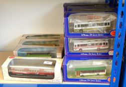 Collection of Exclusive First Edition De Luxe series diecast model buses in window boxes and