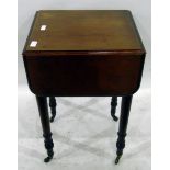 19th century mahogany fall-flap work table fitted a drawer to frieze and on turned supports with