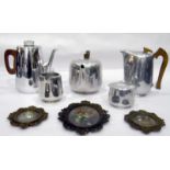 Picquot four-piece set, a Sona coffee pot and three miniature oils, floral, still lifes,
