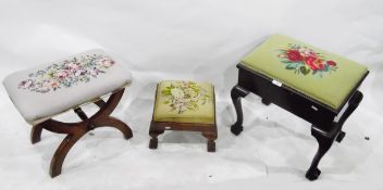 Chippendale-style mahogany piano stool with upholstered needlework top, enclosing box compartment,