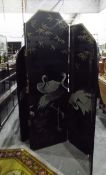 Chinese five-fold black lacquer screen decorated with cranes within a bamboo landscape,