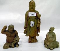 Chinese soapstone figure of a sage (repaired) and two other soapstone figures (3)