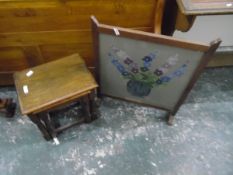 Nest of two oak stools and a fire screen with woolwork panel (3)