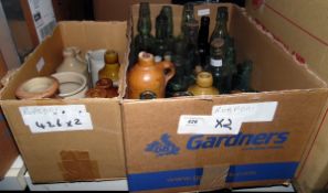 Large quantity of early glass bottles and stoneware bottles (2 boxes)