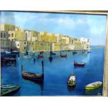 Joan Jones Oil on canvas Middle Eastern harbour scene with small boats and buildings, signed,
