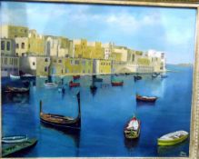 Joan Jones Oil on canvas Middle Eastern harbour scene with small boats and buildings, signed,