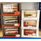 Collection of Exclusive First Edition diecast model buses and lorries in window boxes