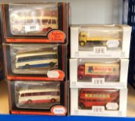 Collection of Exclusive First Edition diecast model buses and lorries in window boxes