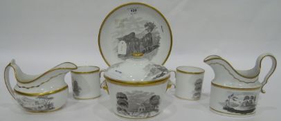 Early 19th century Spode porcelain teaware, bat-printed in pattern 557, with pastoral scenes,