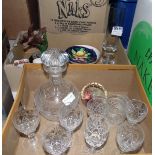 Moulded glass decanter with five sherry glasses and two others, a paperweight, a glass vase,