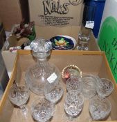 Moulded glass decanter with five sherry glasses and two others, a paperweight, a glass vase,
