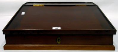 Wooden writing slope with hinged lid enclosing two drawers and pigeonholes,