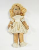 Rag-type doll with painted features, white dress and shoes,