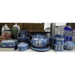 Quantity of Wedgwood blue jasperware including teapot, sugar bowl, jug, cups and saucers,