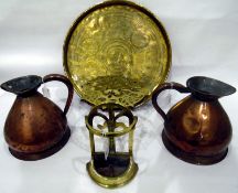 Metalware to include a pair of copper jugs stamped 'Guy & Co, Oxford' and 'H Sims, Oxford',