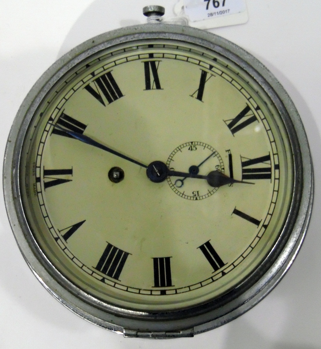 20th century circular wall clock, silver-coloured metal, Roman numeral dial,
