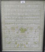 Early 20th century needlework sampler with alphabet, dated 1908,