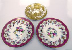Pair of 19th century porcelain plates, pink bordered, painted floral swags to centre and border, 25.