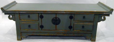 Grey painted Oriental sideboard, the top with upward scroll ends over scroll brackets,