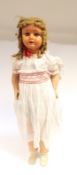 Large composition walking doll, sleep eyes, open mouth with blonde ringlet wig,