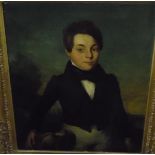 18th/19th century English school Oil painting Half-length portrait of young man with hand on dog's