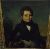 18th/19th century English school Oil painting Half-length portrait of young man with hand on dog's