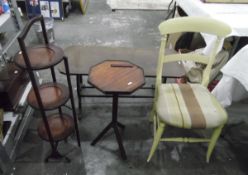 Three-tier mahogany folding cake stand, a wine table,