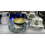 Set of five graduated meat/serving plates, a large blue and white meat dish, two other meat dishes,