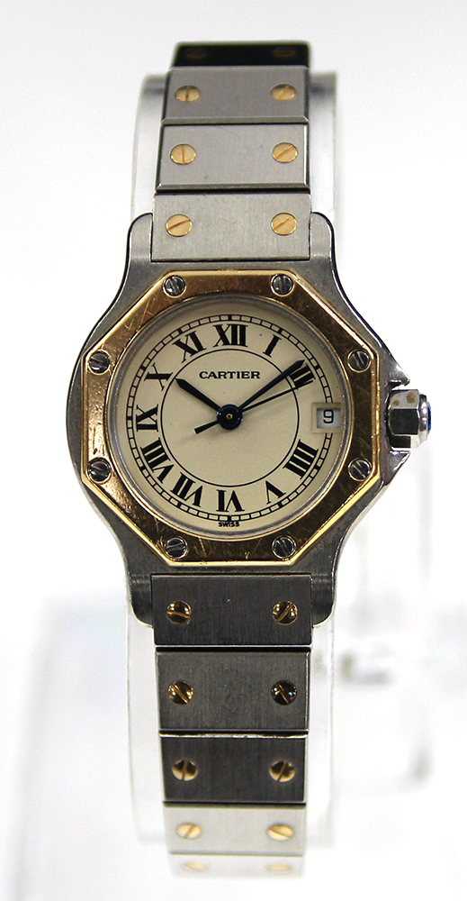 Cartier Santos lady's wristwatch 9846 in yellow gold/steel case, champagne Roman dial,