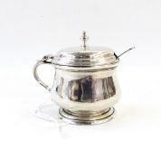 George VI silver mustard, circular, squat baluster-shaped with scroll handle,