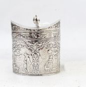 Continental oval silver tea caddy with embossed decoration, of figures within four panels,