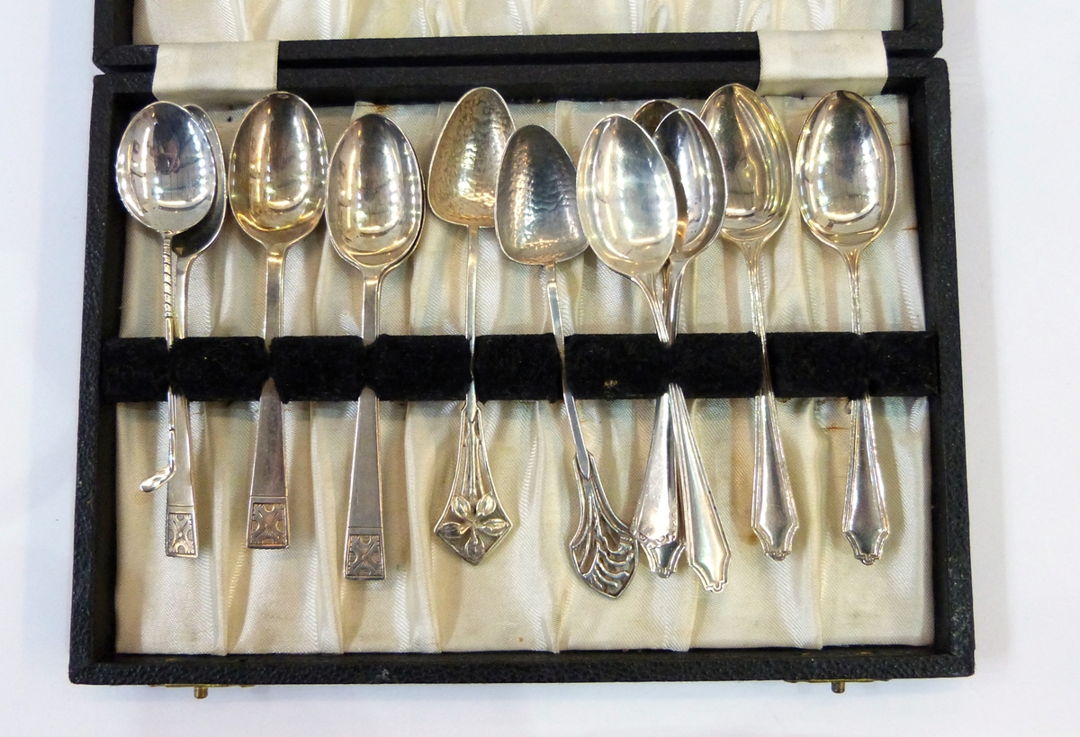 Thirteen silver coffee spoons, various,