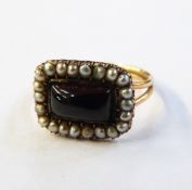 Antique gold-coloured metal cabochon, garnet and seedpearl mourning ring,