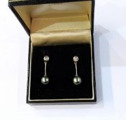 Pair of 18ct white gold, diamond and Tahitian pearl drop earrings, the pearls 8cm in diameter,