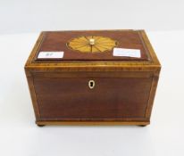 George III inlaid mahogany tea caddy, rectangular, the top cross-banded with raised panel,