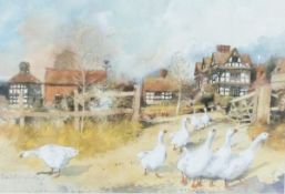 After David Birtwistle (20th century) Pair of colour prints Geese in a village and swans on a