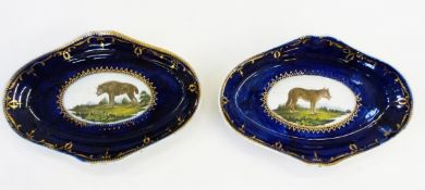 Pair of late 18th century Coalport 'Animal' pattern oval-shaped dishes with oval cartouches of