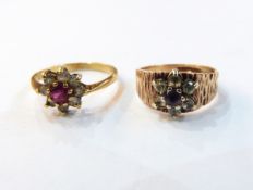 9ct gold ring with gem set floral cluster and another gold ring, marks worn, 5.