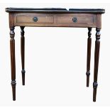 Reproduction mahogany fold-out card table with dummy drawers below, on turned reeded supports,