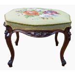 Victorian mahogany upholstered footstool, the upholstered seat on moulded cabriole legs,