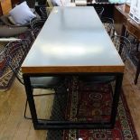 1970's mahogany hard plastic topped dining table, rectangular, on black square twin metal supports,