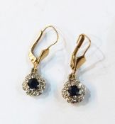 Pair of 18ct gold, diamond and sapphire flower-shaped drop earrings,